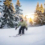 Beginnende skiër glijdt op een brede, zachte helling met besneeuwde pijnbomen en gouden alpiene zonlicht op de achtergrond.