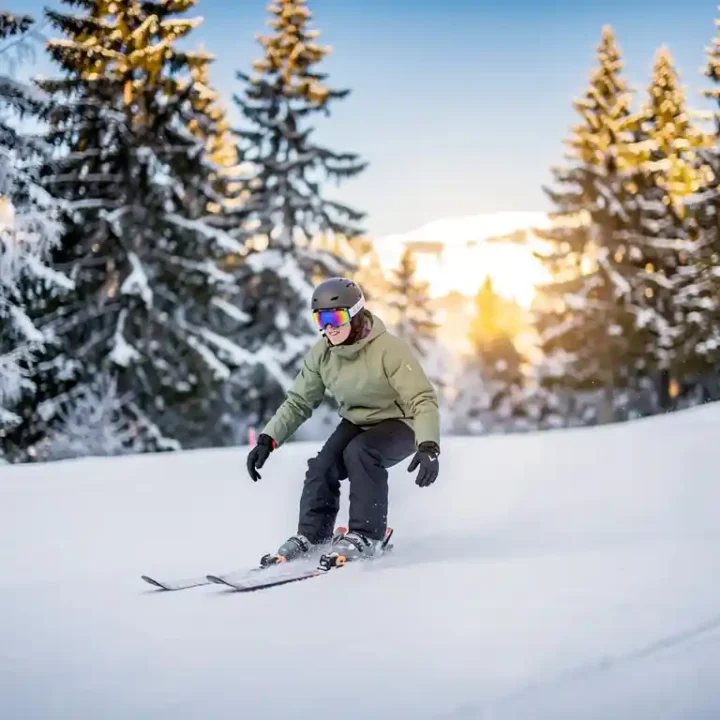 Beginnende skiër glijdt op een brede, zachte helling met besneeuwde pijnbomen en gouden alpiene zonlicht op de achtergrond.