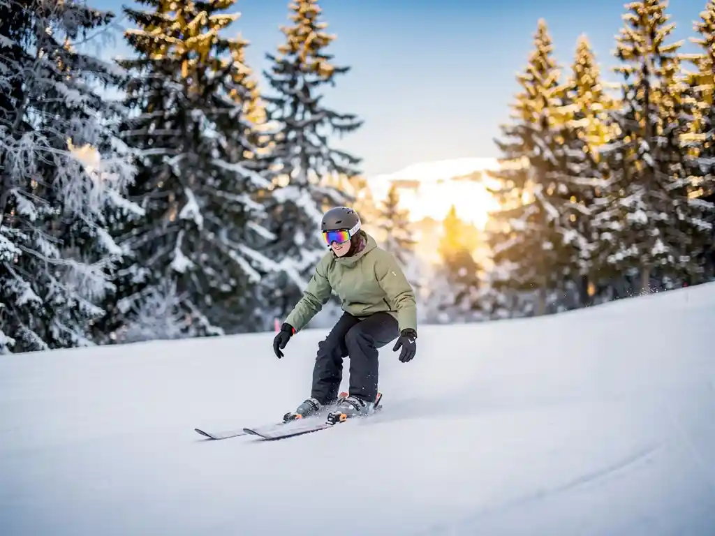 Beginnende skiër glijdt op een brede, zachte helling met besneeuwde pijnbomen en gouden alpiene zonlicht op de achtergrond.