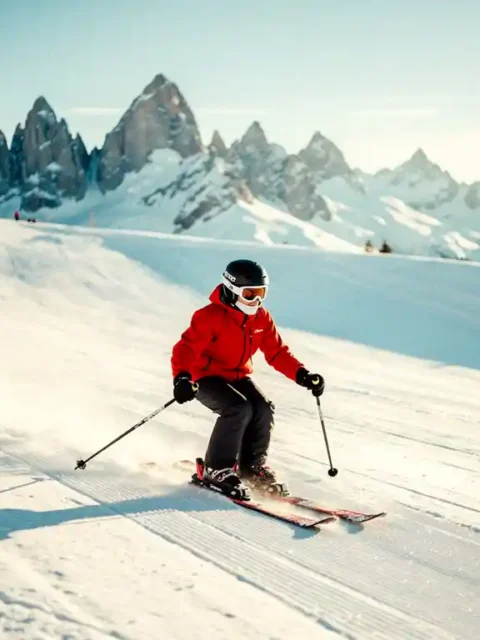 Beginnende skiër in rood jack maakt een ploegschaarwending op een brede, verzorgde blauwe piste in de Alpen.