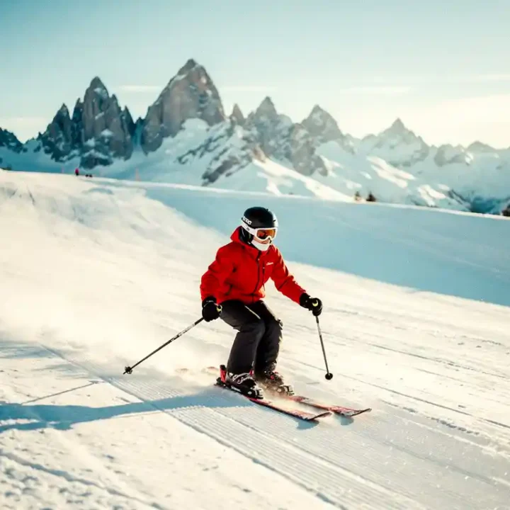 Beginnende skiër in rood jack maakt een ploegschaarwending op een brede, verzorgde blauwe piste in de Alpen.