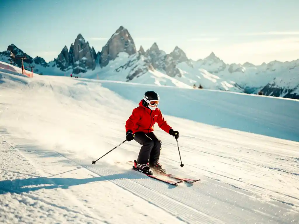 Beginnende skiër in rood jack maakt een ploegschaarwending op een brede, verzorgde blauwe piste in de Alpen.