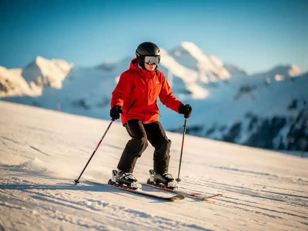 Beginnende skiër in rode jas maakt pizzawig op zachte besneeuwde helling, met besneeuwde Alpentoppen op de achtergrond.