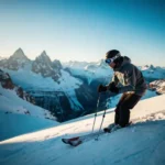 Skiër in volledige uitrusting aan de rand van een steile Alpenhelling, met uitzicht op een besneeuwd dal en scherpe bergtoppen onder een heldere blauwe lucht.