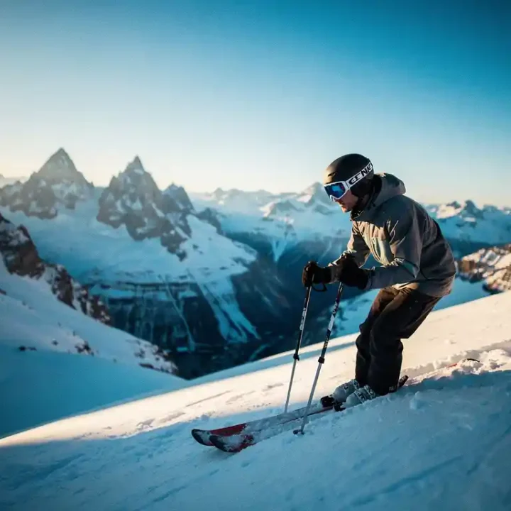 Skiër in volledige uitrusting aan de rand van een steile Alpenhelling, met uitzicht op een besneeuwd dal en scherpe bergtoppen onder een heldere blauwe lucht.