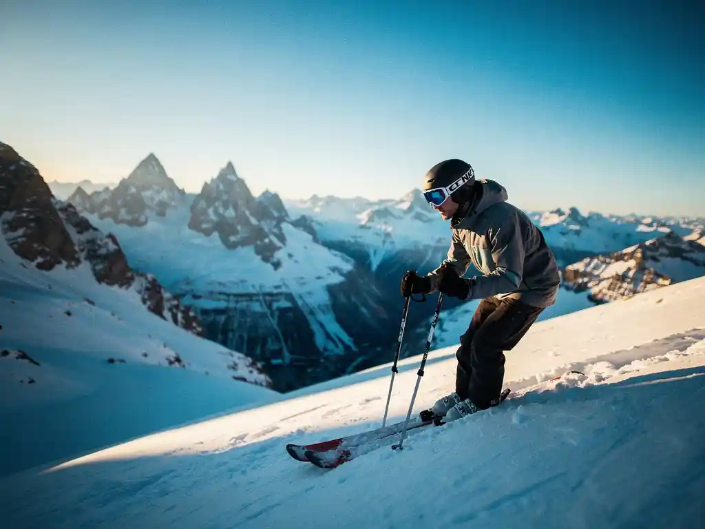 Skiër in volledige uitrusting aan de rand van een steile Alpenhelling, met uitzicht op een besneeuwd dal en scherpe bergtoppen onder een heldere blauwe lucht.