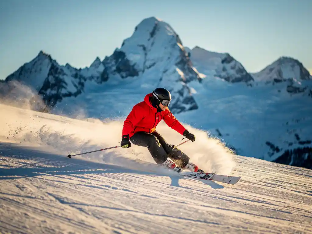 Skiër maakt een scherpe bocht op een verzorgde alpiene piste, knieën diep gebogen, poedersneeuw spat van de ski's onder stralende middagzon.