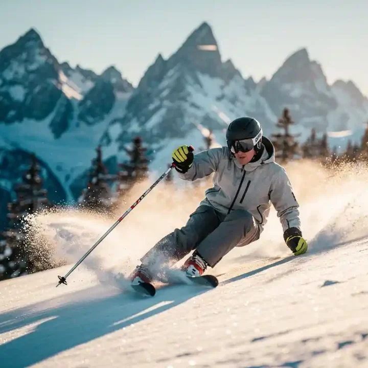 Skiër op verzorgde alpinepiste met ingeplante stokken, poedersneeuw opspattend bij ski's, bergtoppen en dennenbomen op achtergrond.
