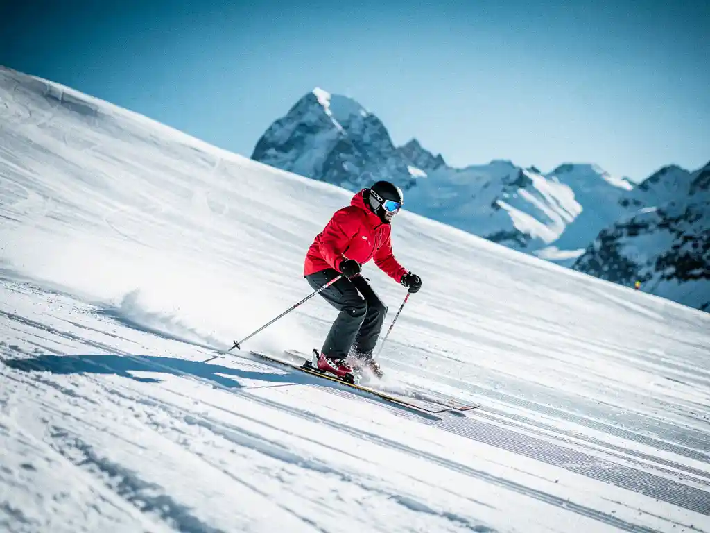 Skiër in rood jack maakt vloeiende bochten op verzorgde beginnersskihelling met Alpiene bergtoppen en blauwe lucht op de achtergrond.