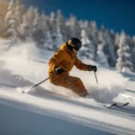Skiër maakt een bocht door poedersneeuw op steile Alpenhelling, met spattende sneeuw, blauwe lucht en besneeuwd dennenbos op de achtergrond.