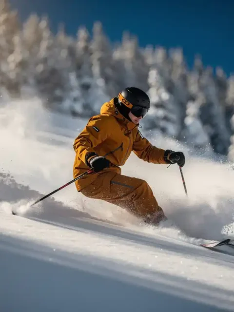 Skiër maakt een bocht door poedersneeuw op steile Alpenhelling, met spattende sneeuw, blauwe lucht en besneeuwd dennenbos op de achtergrond.
