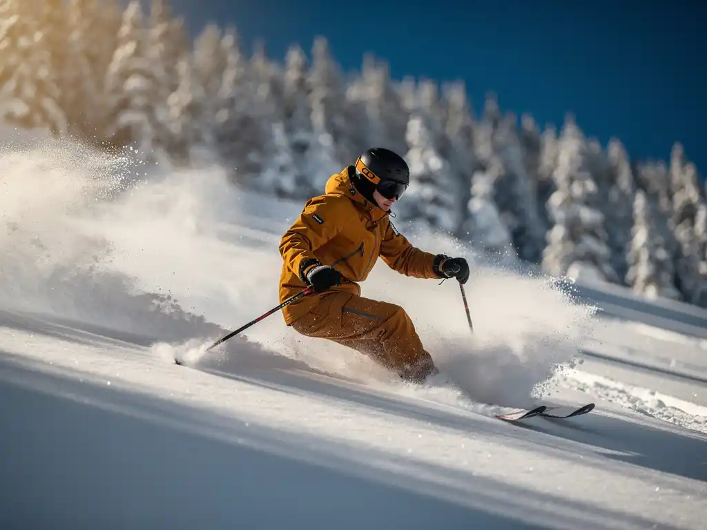 Skiër maakt een bocht door poedersneeuw op steile Alpenhelling, met spattende sneeuw, blauwe lucht en besneeuwd dennenbos op de achtergrond.
