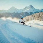 Beginner skiër maakt een brede bocht op een verzorgde Alpijnse piste met besneeuwde bergtoppen op de achtergrond.