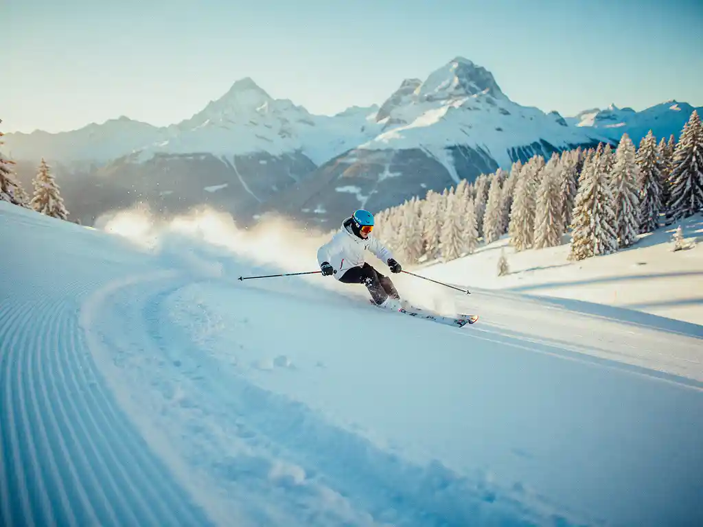 Beginner skiër maakt een brede bocht op een verzorgde Alpijnse piste met besneeuwde bergtoppen op de achtergrond.