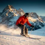 Skiër in rode jas snijdt een scherpe bocht op verzorgde Alpine piste, met bergtoppen en blauwe lucht op de achtergrond.