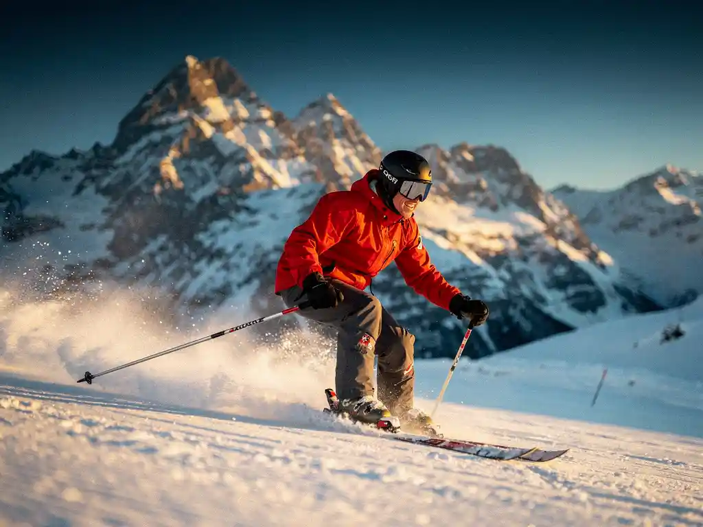 Skiër in rode jas snijdt een scherpe bocht op verzorgde Alpine piste, met bergtoppen en blauwe lucht op de achtergrond.