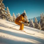 Skiër snijdt een vloeiende bocht op een verzorgde alpiene piste, gekleed in een okergeel skipak, omringd door besneeuwde dennenbomen.