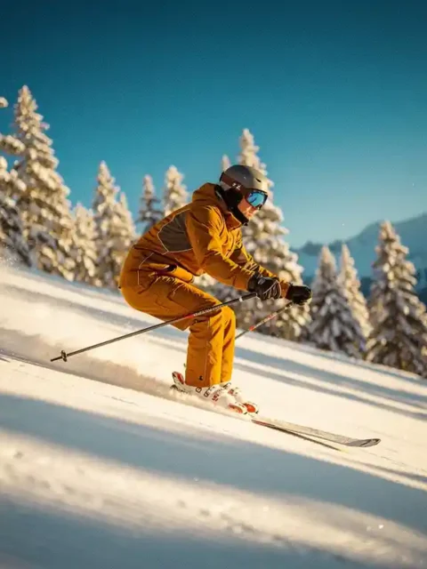 Skiër snijdt een vloeiende bocht op een verzorgde alpiene piste, gekleed in een okergeel skipak, omringd door besneeuwde dennenbomen.