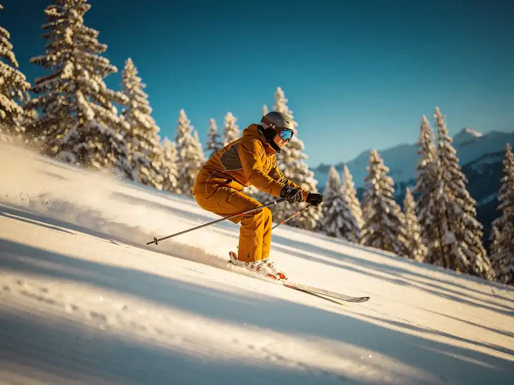 Skiër snijdt een vloeiende bocht op een verzorgde alpiene piste, gekleed in een okergeel skipak, omringd door besneeuwde dennenbomen.