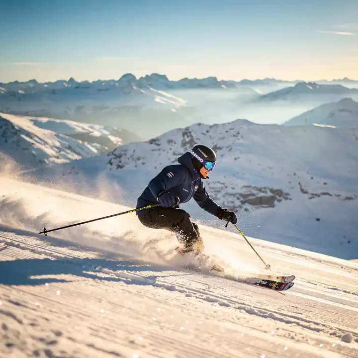 Skiër in marineblauwe jas maakt een perfecte parallelle bocht op een verzorgde Alpenhelling, poedersneeuw spat op in goudkleurig ochtendlicht.
