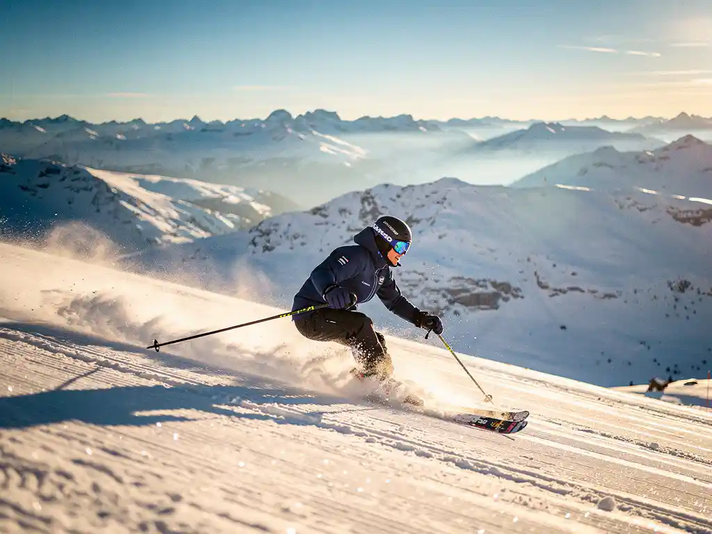 Skiër in marineblauwe jas maakt een perfecte parallelle bocht op een verzorgde Alpenhelling, poedersneeuw spat op in goudkleurig ochtendlicht.