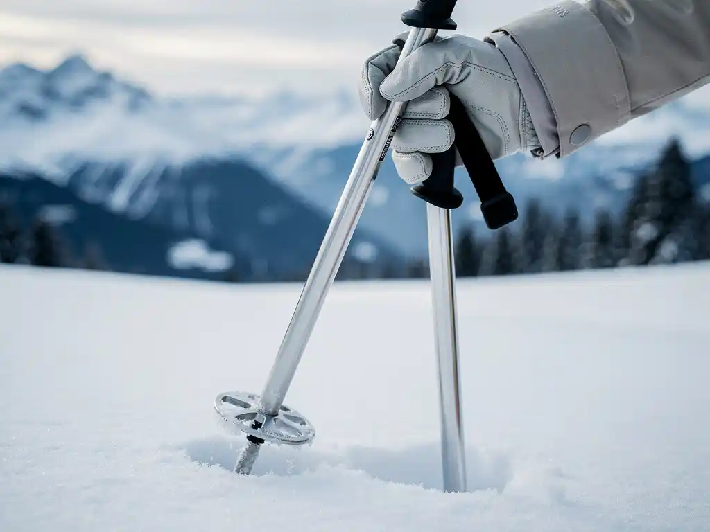 Gehandschoende hand met aluminium skistokken in verse sneeuw op een Alpijn skigebied, met besneeuwde bergtoppen op de achtergrond.