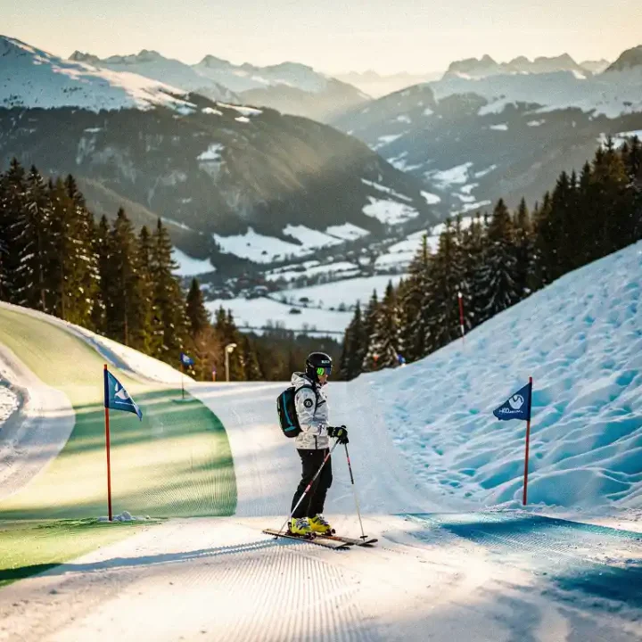 Skiër bij een kruispunt van groene en blauwe piste, met vers poedersneeuw en een Alpien dal omgeven door dennenbossen op de achtergrond.