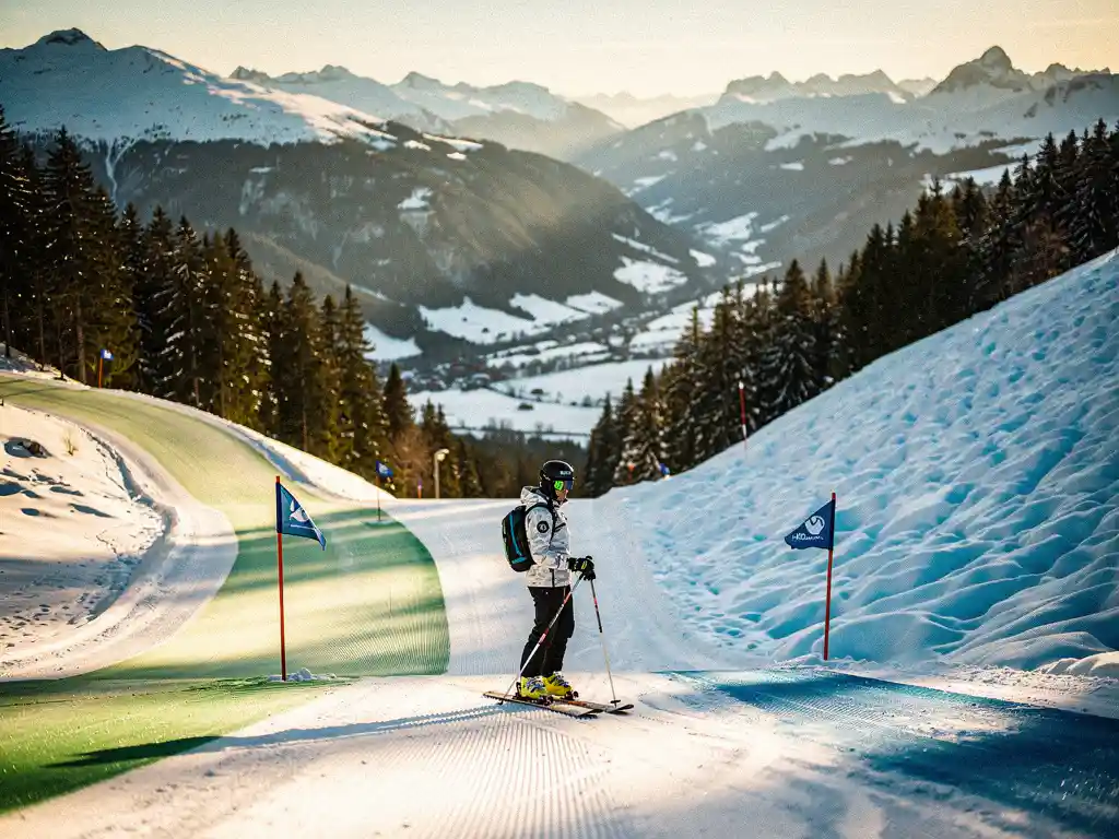 Skiër bij een kruispunt van groene en blauwe piste, met vers poedersneeuw en een Alpien dal omgeven door dennenbossen op de achtergrond.