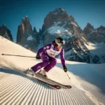 Skiër in felpaars racepak snijdt hoge snelheid door gecordureerde alpinepiste, met bergtoppen en blauwe lucht op de achtergrond.