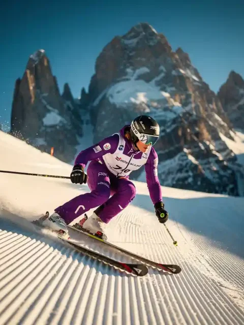 Skiër in felpaars racepak snijdt hoge snelheid door gecordureerde alpinepiste, met bergtoppen en blauwe lucht op de achtergrond.
