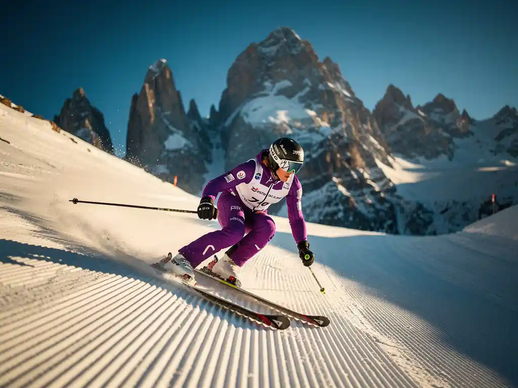 Skiër in felpaars racepak snijdt hoge snelheid door gecordureerde alpinepiste, met bergtoppen en blauwe lucht op de achtergrond.
