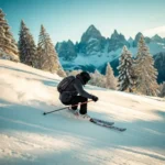 Skiër maakt een brede parallelle bocht op een verzorgde Alpine piste, omgeven door besneeuwde dennenbomen en bergtoppen in gouden zonlicht.