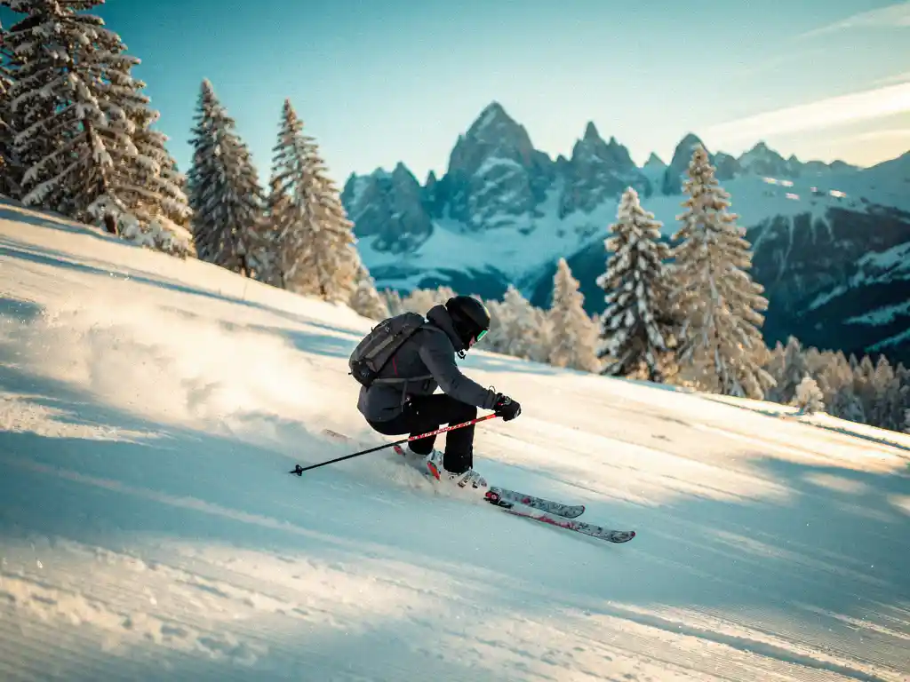 Skiër maakt een brede parallelle bocht op een verzorgde Alpine piste, omgeven door besneeuwde dennenbomen en bergtoppen in gouden zonlicht.