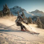 Skiër maakt een parallelle bocht op een verzorgde alpine piste, met besneeuwde bergtoppen en pijnbomen op de achtergrond.