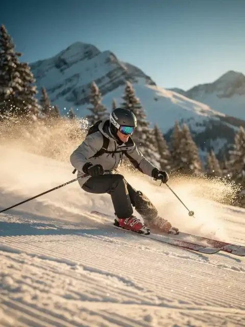 Skiër maakt een parallelle bocht op een verzorgde alpine piste, met besneeuwde bergtoppen en pijnbomen op de achtergrond.