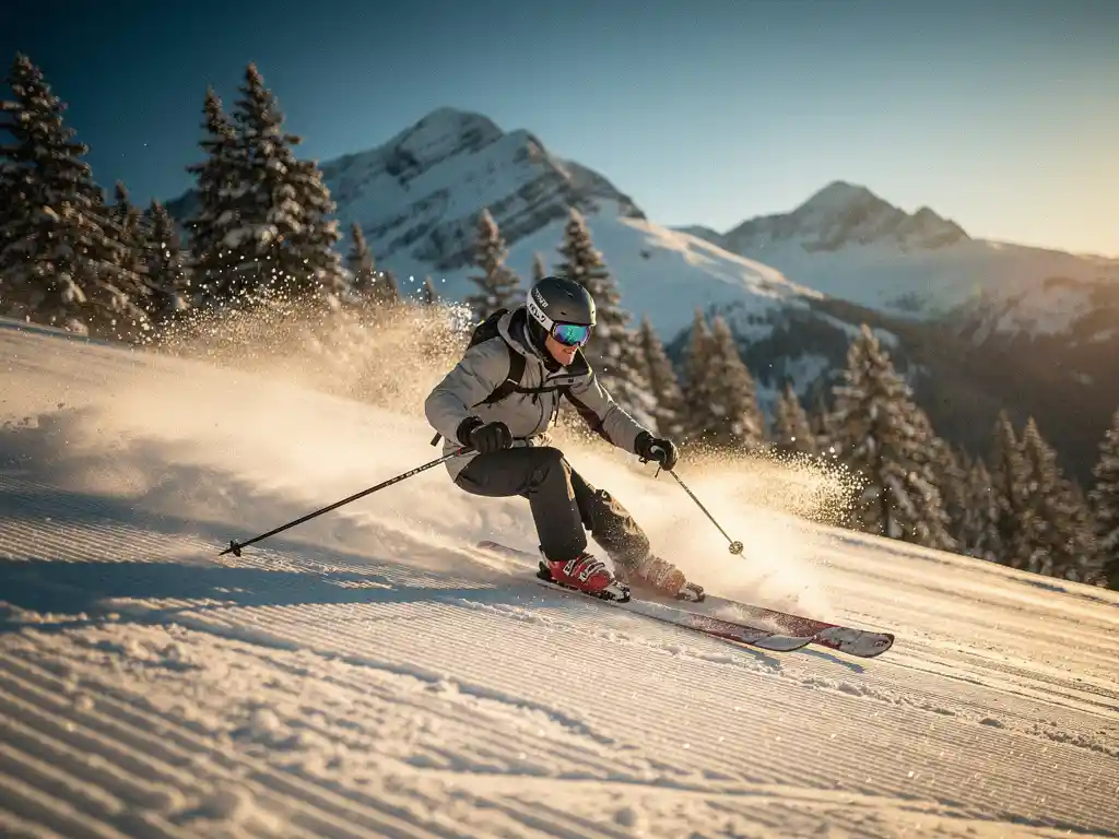 Skiër maakt een parallelle bocht op een verzorgde alpine piste, met besneeuwde bergtoppen en pijnbomen op de achtergrond.