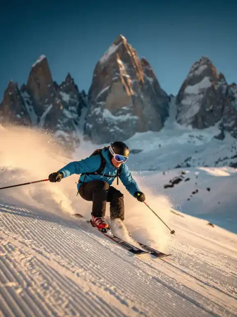 Skiër maakt parallelle bochten op verzorgde Alpenhelling met bergtoppen en kobaltblauwe lucht op de achtergrond.
