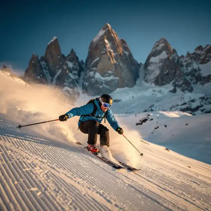 Skiër maakt parallelle bochten op verzorgde Alpenhelling met bergtoppen en kobaltblauwe lucht op de achtergrond.