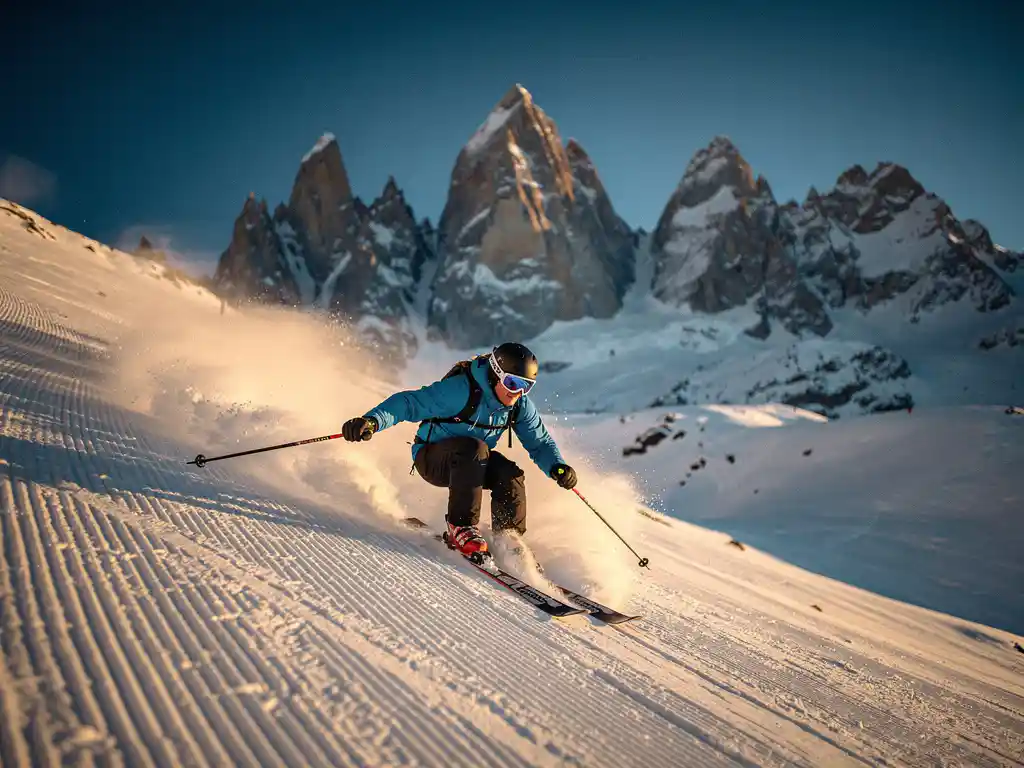 Skiër maakt parallelle bochten op verzorgde Alpenhelling met bergtoppen en kobaltblauwe lucht op de achtergrond.