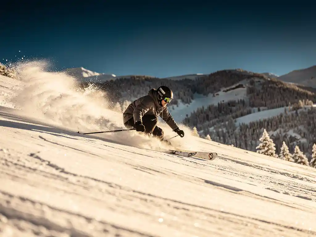 Skiër snijdt een bocht door verse poedersneeuw op steile Alpenhelling, sneeuwspray waaiert uit onder stralend blauwe lucht.