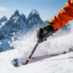 Skiër plant een paal in poedersneeuw tijdens een bocht op een steile Alpenhelling, met bergtoppen op de achtergrond.