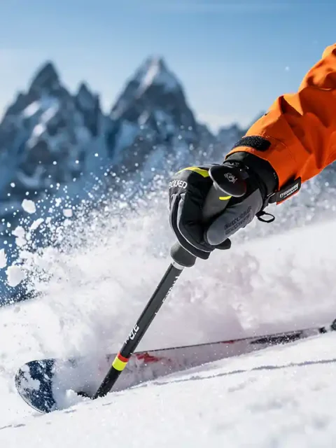 Skiër plant een paal in poedersneeuw tijdens een bocht op een steile Alpenhelling, met bergtoppen op de achtergrond.