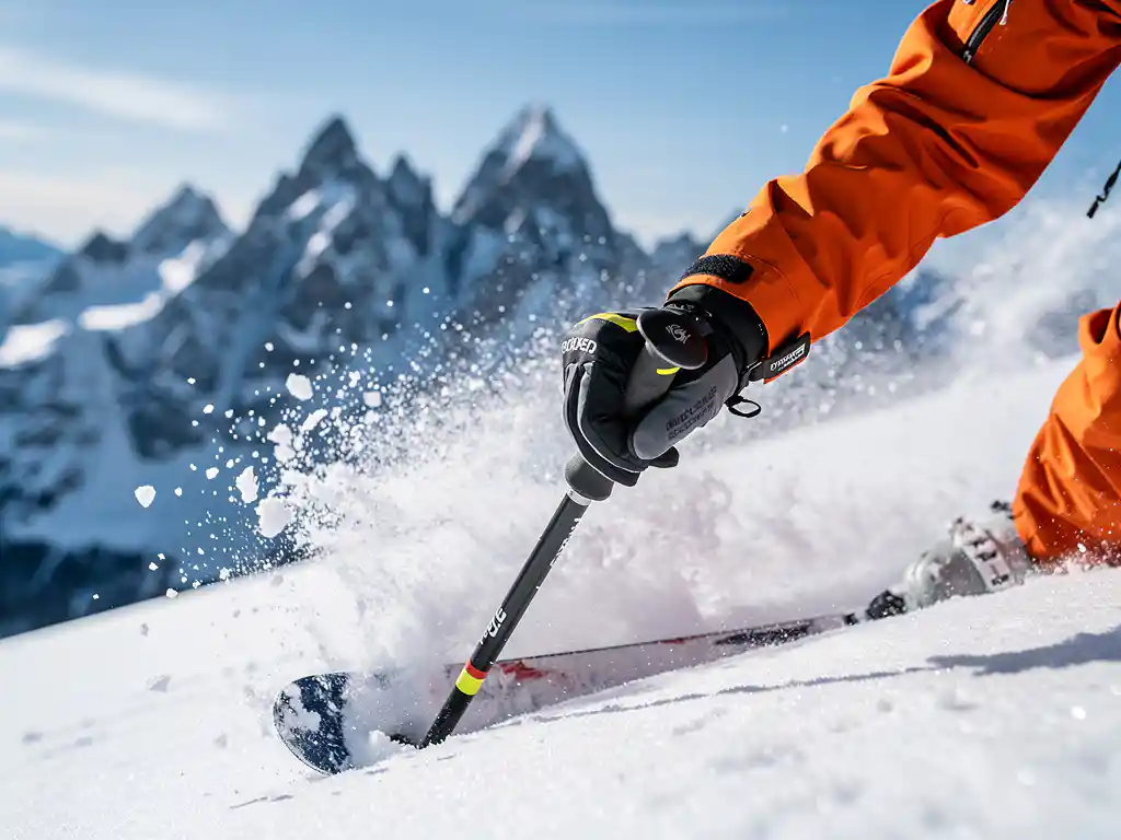 Skiër plant een paal in poedersneeuw tijdens een bocht op een steile Alpenhelling, met bergtoppen op de achtergrond.