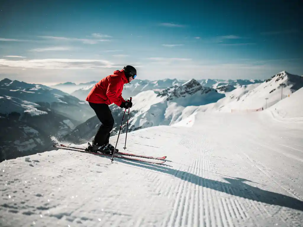 Skiër in rood jack staat boven steile, verzorgde alpine piste, stokken in de sneeuw, met uitzicht op besneeuwd bergpanorama.