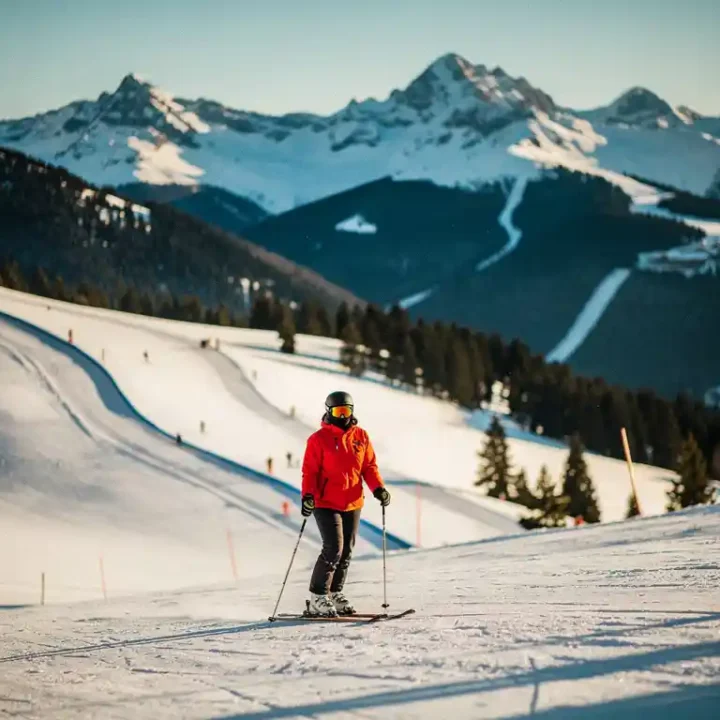 Skiër in felrood jack op een groene beginnersnpiste, met een steilere blauwe run en besneeuwde Alpiene toppen op de achtergrond.