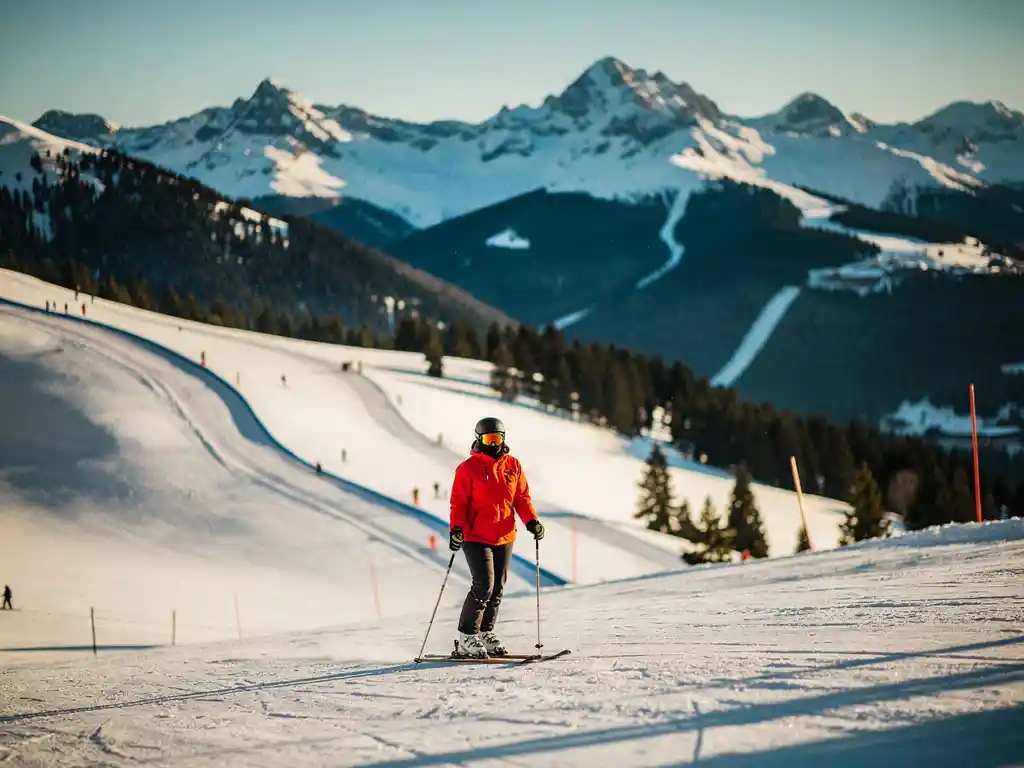 Skiër in felrood jack op een groene beginnersnpiste, met een steilere blauwe run en besneeuwde Alpiene toppen op de achtergrond.