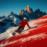 Skiër in rode jas maakt een bocht op een steile, geprepareerde rode piste met Alpine toppen en blauwe lucht op de achtergrond.
