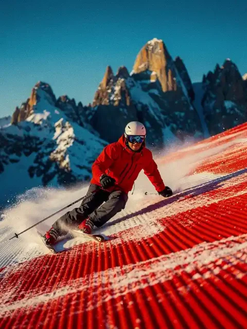 Skiër in rode jas maakt een bocht op een steile, geprepareerde rode piste met Alpine toppen en blauwe lucht op de achtergrond.