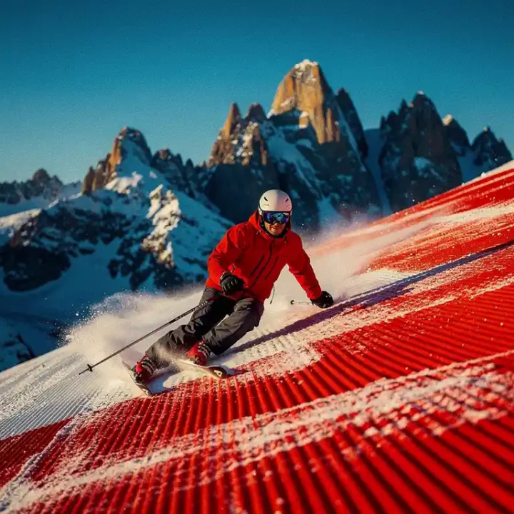 Skiër in rode jas maakt een bocht op een steile, geprepareerde rode piste met Alpine toppen en blauwe lucht op de achtergrond.