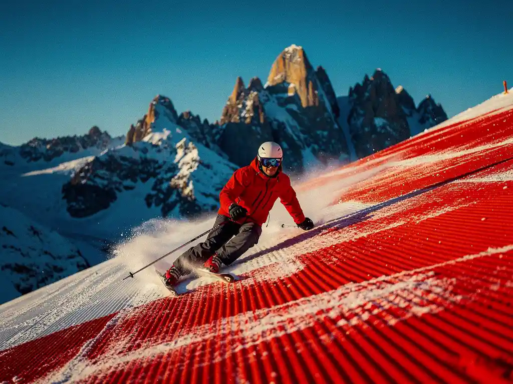 Skiër in rode jas maakt een bocht op een steile, geprepareerde rode piste met Alpine toppen en blauwe lucht op de achtergrond.